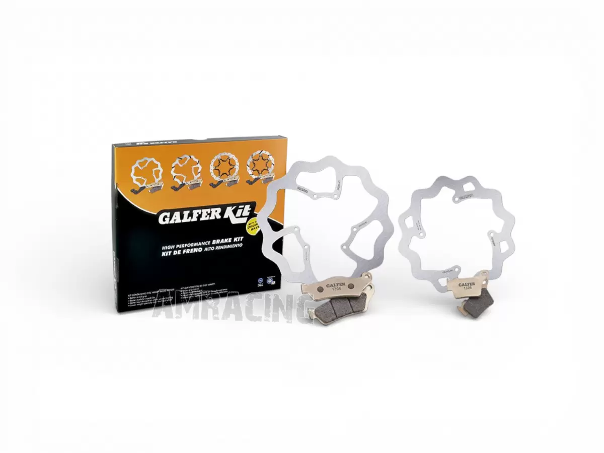 KIT DE DISCOS DE FRENO Y PASTILLAS DELANTERAS Y TRASERAS GALFER PARA TM EN-MX DE 2010 A 2026